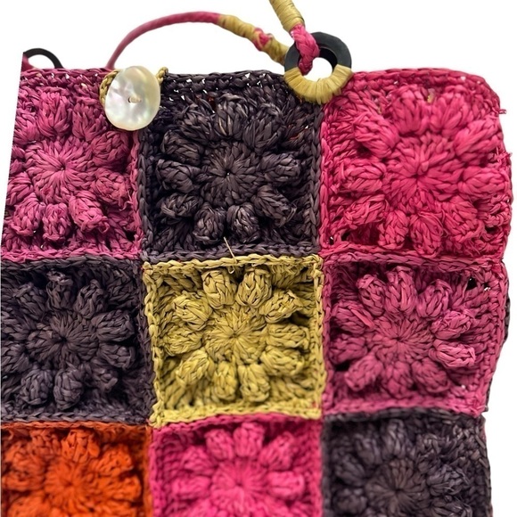 Annabel Ingall Raffia Shoulder Bag Tote Button Crochet Patchwork Colorful - Picture 5 of 9